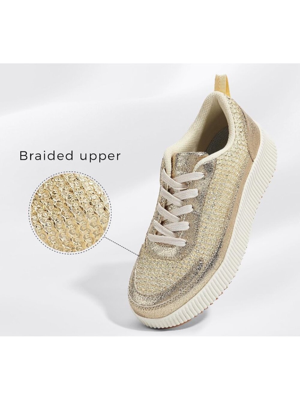 Women's Gold Knit Platform Casual Walking Braided Crochet Lace Up Cute Sneakers - Picture 3 of 6